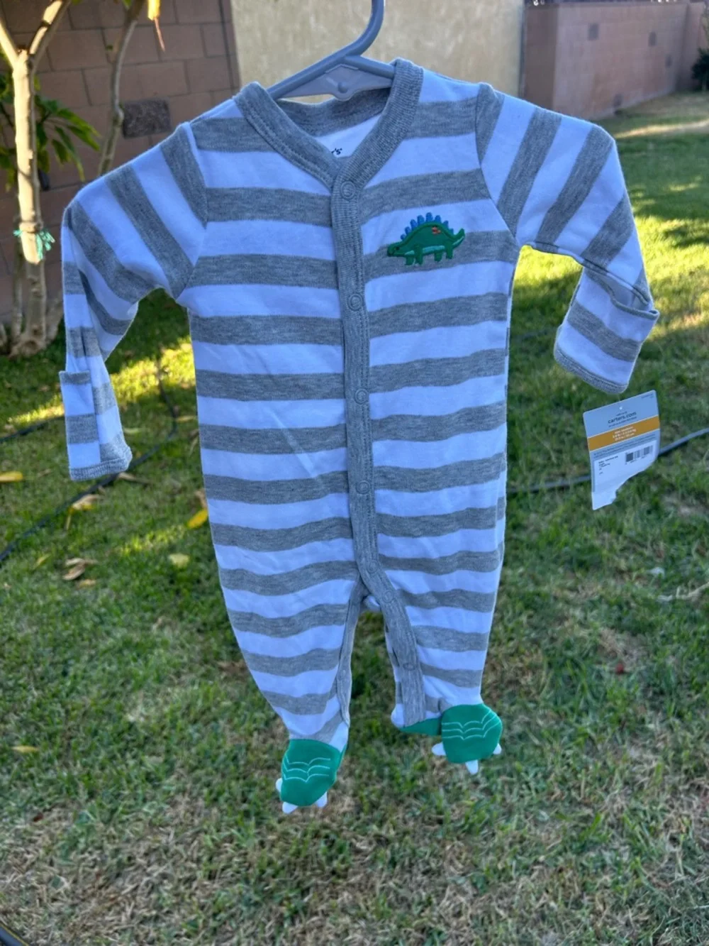 Carter’s Grey & White Striped Baby One-Piece with Green Dino Accent